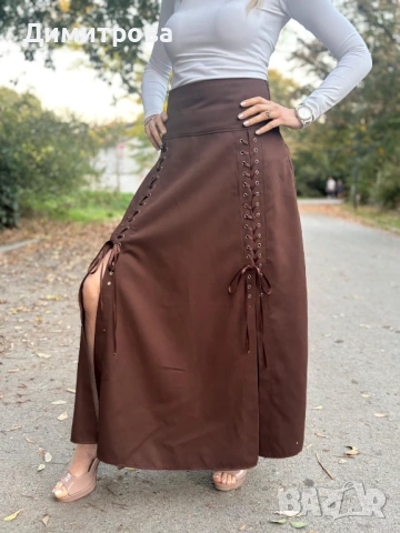 Нова дамска дълга кафява пола с две цепки и пакпи XS, S, M, снимка 2 - Поли - 53746438
