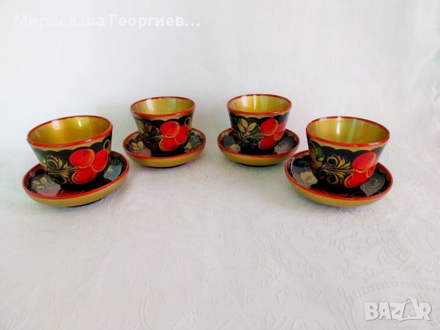 Комплект руски Хохлома чашки с чинийки по 4 броя, снимка 2 - Други ценни предмети - 45231827