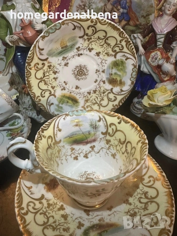 Антика Coalport England Circa 1827 – Порцеланова чаша с чинийка | Ръчно рисувани пейзажи, снимка 5 - Декорация за дома - 54059981