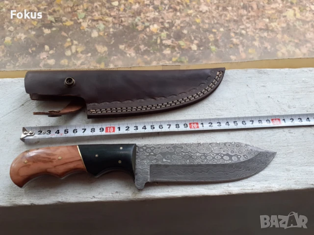 Страхотен ловен нож дамаска стомана нов с кожена кания, снимка 5 - Антикварни и старинни предмети - 51205430