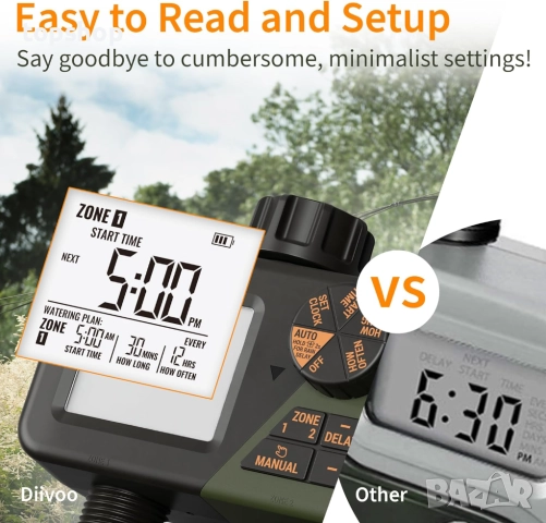 Diivoo Таймер за напояване с 2 зони, Програмируем таймер за маркуч за вода с 2 изхода за градина..., снимка 5 - Други - 51701563