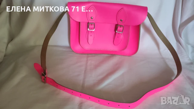 Маркова английска чанта от естествена кожа в неоново розово нова, снимка 2 - Чанти - 50760586