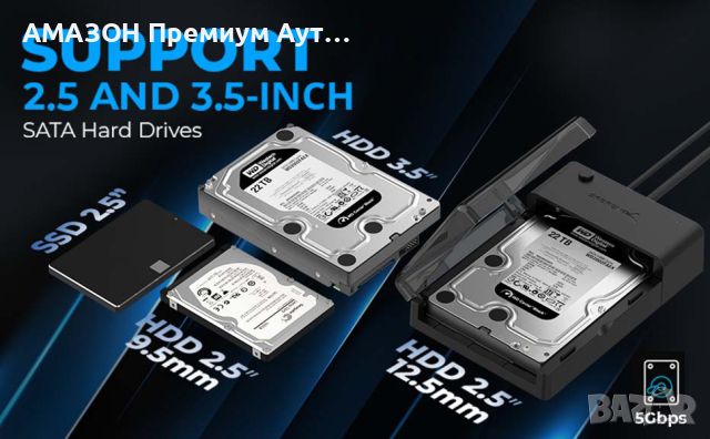 SABRENT USB 3.0 Lay-Flat докинг станция>2,5/3,5” HDD/SSD към SATA външен твърд диск/UASP (EC-DFLT), снимка 10 - Захранвания и кутии - 46169066