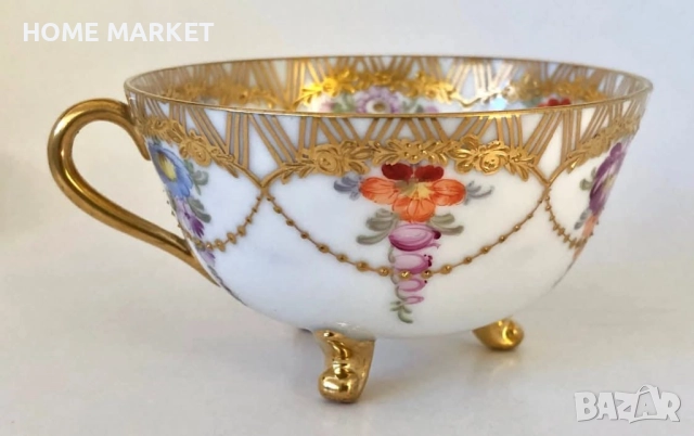 Dresden Germany  Circa 1884  Wolfsohn  Tea Cup & Saucer, Footed, Richly Gilded , снимка 6 - Антикварни и старинни предмети - 52692353