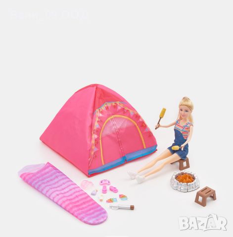 Комплект кукла Барби с палатка, спален чувал и др, снимка 1 - Кукли - 45873928