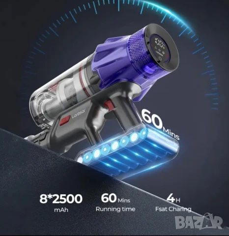Безжична Вертикална Прахосмукачка Laresar V7, 55000Pa, LED Дисплей и Батерия - 60мин Работа 20000mAh, снимка 5 - Прахосмукачки - 51414345