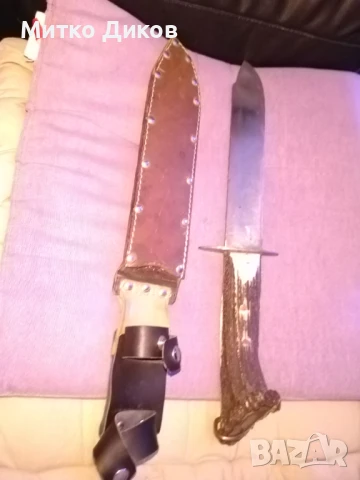 Масивен ловен нож дръжка еленов рог калъф естест.кожа 45см и острие 247х43мм дебелина 5мм