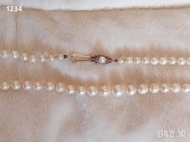 Антикварно перлено колие със златна филигранна  закопчалка рибка 14 карата, снимка 4 - Колиета, медальони, синджири - 53521515