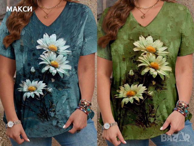 Макси силно еластична и много мека тениска в красив флорален десен, снимка 1 - Тениски - 46402061