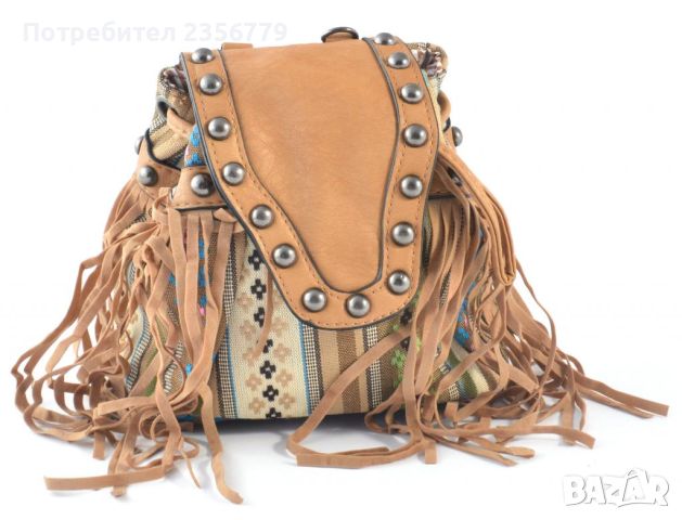 Дамска чанта тип раничка декорирана с ресни в кафяв цвят, снимка 5 - Чанти - 45651543