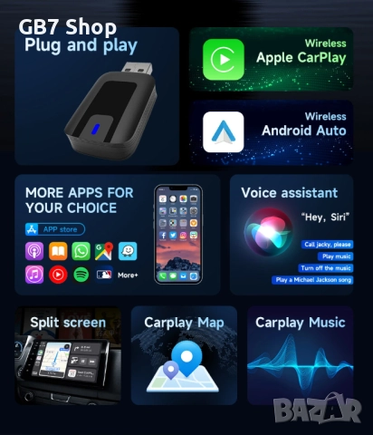 Безжичен Apple Wireless CarPlay & Android Auto Конвертор – Преобразува кабелна връзка на вашият теле, снимка 2 - Аксесоари и консумативи - 52740337