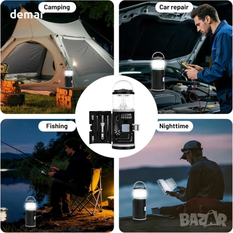 Преносима LED къмпинг лампа с мултифункционален комплект инструменти (без батерии), снимка 6 - Къмпинг осветление - 53982638