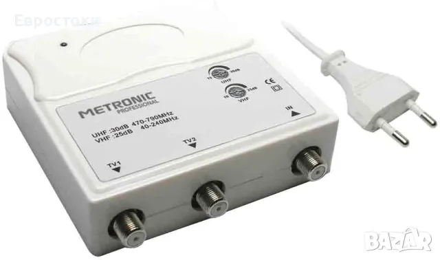 Metronic 414113 - VHF/UHF вътрешен телевизионен усилвател за DTT с LTE филтър, 5G съвместим