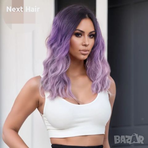 Омбре перука три цвята лилава до раменете, снимка 1 - Аксесоари за коса - 45423981