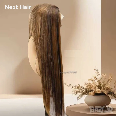 80 см блясък Кестенява синтетична перука с руси кичури и дантела 13×4, снимка 2 - Аксесоари за коса - 54040819