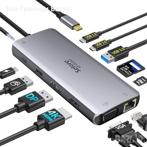 Нова USB C докинг станция за лаптоп с HDMI, DP, VGA и RJ45 12 в 1 хъб, снимка 1