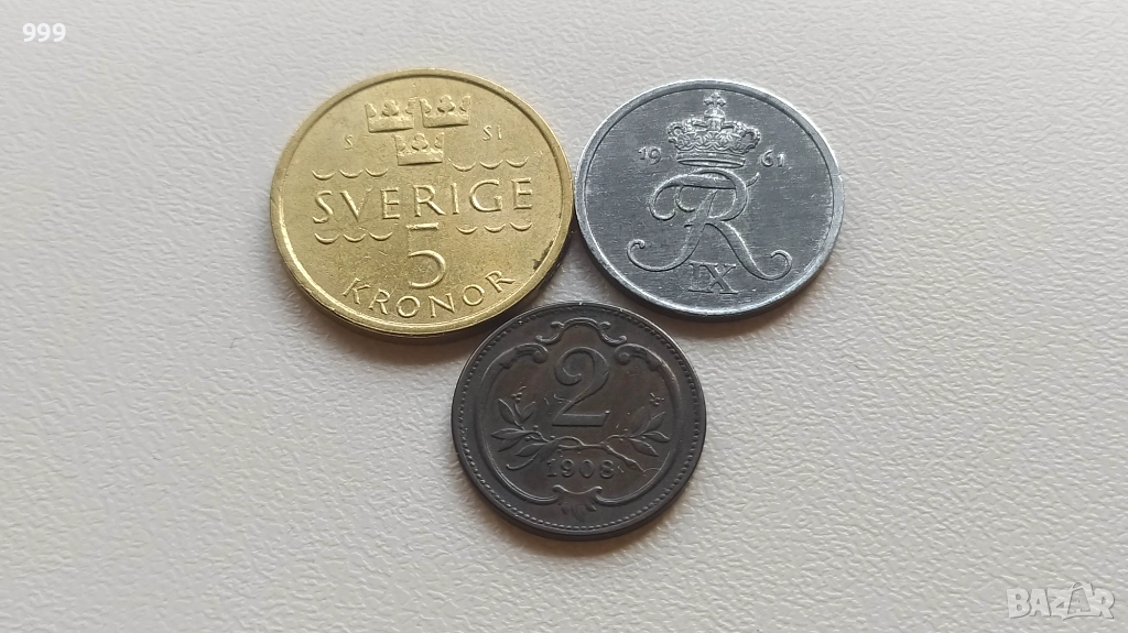2 хелера 1908 Австрия * Австро - Унгария + 5 крони 2016 Швеция + 2 йоре 1961 Дания, снимка 1