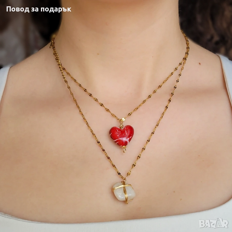 Дамско колие със сърце и естествен кварц , снимка 1