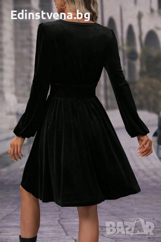 Дамска къса рокля кадифе с дълъг ръкав в черно, снимка 3 - Рокли - 53081777
