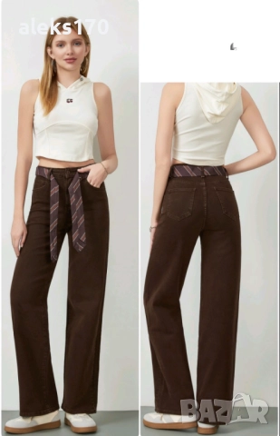 Дамски дънки широк крачол - кафяви