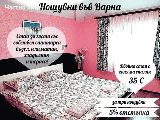 Нощувки Варна! Свободно паркиране! Стаи и Студио с кухня всяка с баня/WC, климатик,хладилник,тераса