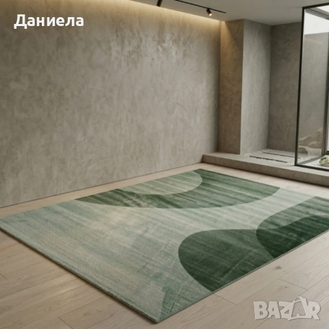Модерен килим за хол 120х160см - Зелени вълни на светъл фон и 3D ефект, Противоплъзгащ