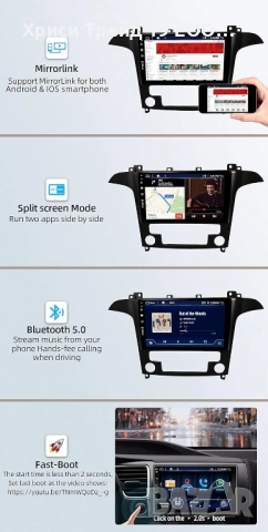 Мултимедия Android 15  9 инча за Ford S-Max (6GB RAM / 128GB ROM) – Пълен комплект + Carplay/4G, снимка 3 - Аксесоари и консумативи - 53667489