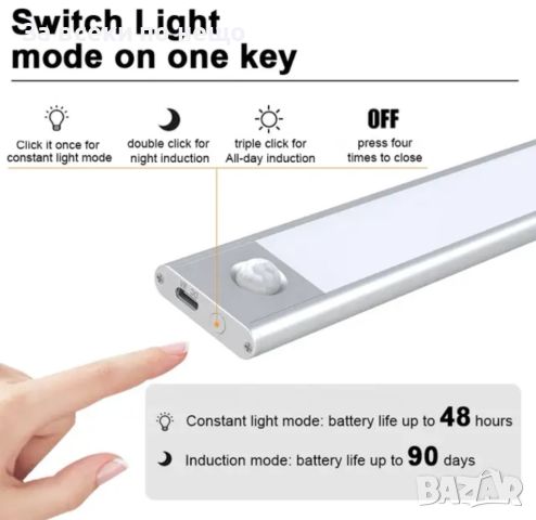 Магнитна LED лампа за шкаф със сензор за движение, снимка 3 - Лед осветление - 45188628