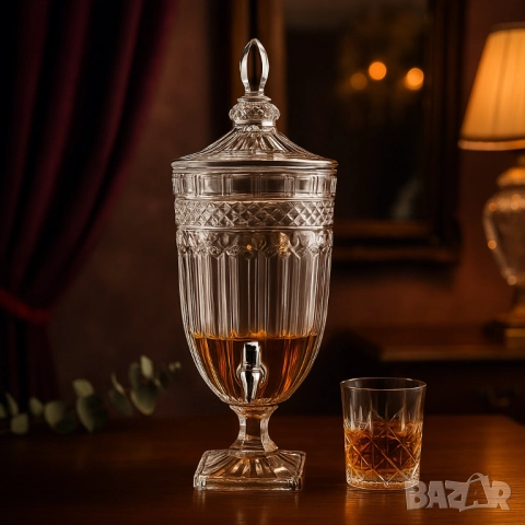 Луксозен стъклен диспенсър за сок и напитки 3L с капак и кранче, снимка 1