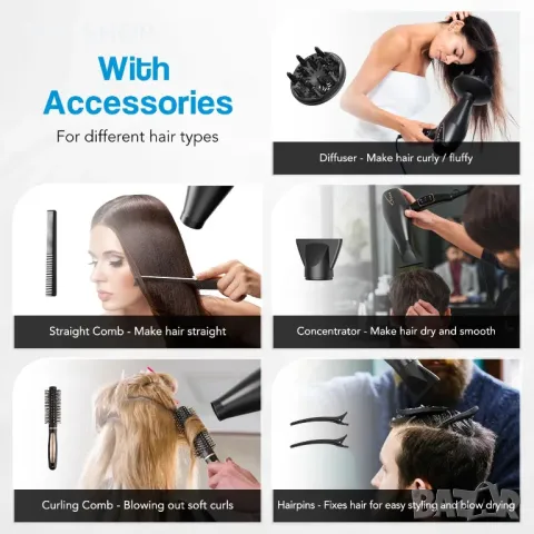 GLAM Сешоар, професионален йонен, мощен променливотоков с дифузер, дюза, концентратор, гребен, черен, снимка 6 - Сешоари - 50159111