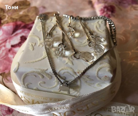 Комплект сребърна гривна и обеци Swarovski, снимка 1 - Колиета, медальони, синджири - 46385974