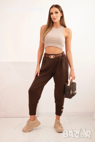 Дамски панталон butter с декоративни копчета и кафяв колан, снимка 3 - Панталони - 51683266