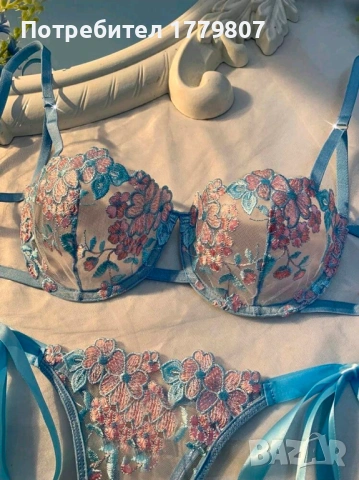 Crystal Vow 2 бр./компл. Дамски небесносин бродиран комплект бельо с връзки, снимка 4 - Бельо - 53788345