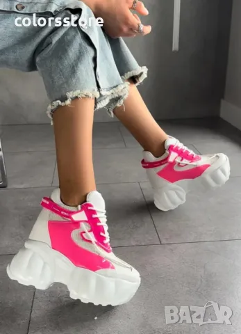 Кецове на платформа - бяло с циклама - PA300