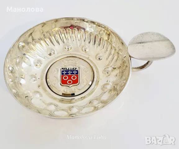 Френски посребрени чаши за дегустация на вино за сомелиери, Tastevin с герба на Jargeau, снимка 2 - Колекции - 50214793
