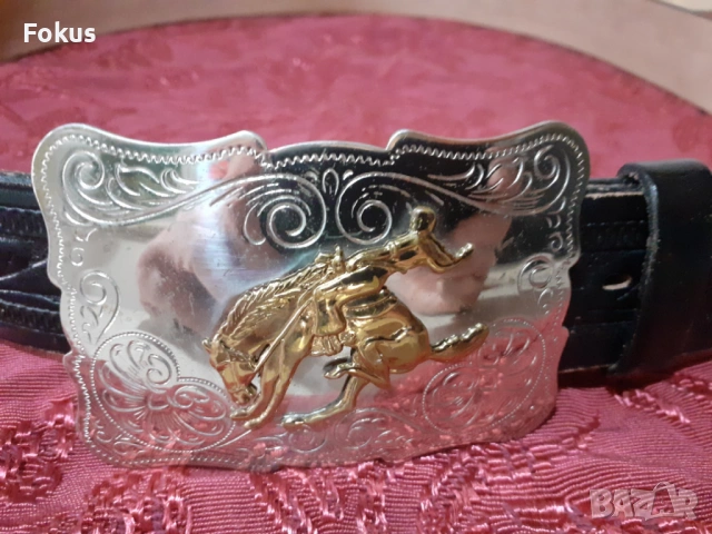 Стар американски кожен колан с посребрена тока катарама, снимка 2 - Антикварни и старинни предмети - 53878542