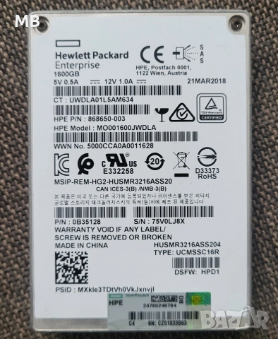 SSD SAS 1.6TB 100% живот, 12Gb/s HPE