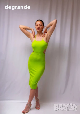 Електриково зелена дълга рокля с връзки, снимка 4 - Рокли - 50904822