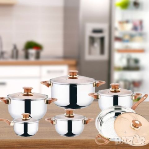 Комплект от 12 части съдове за готвене от неръждаема стомана със стъклени капаци, снимка 3 - Съдове за готвене - 46422675