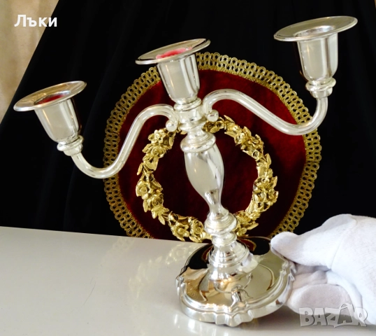 Посребрен троен свещник,викториански свещник тройка. , снимка 2 - Антикварни и старинни предмети - 52978491