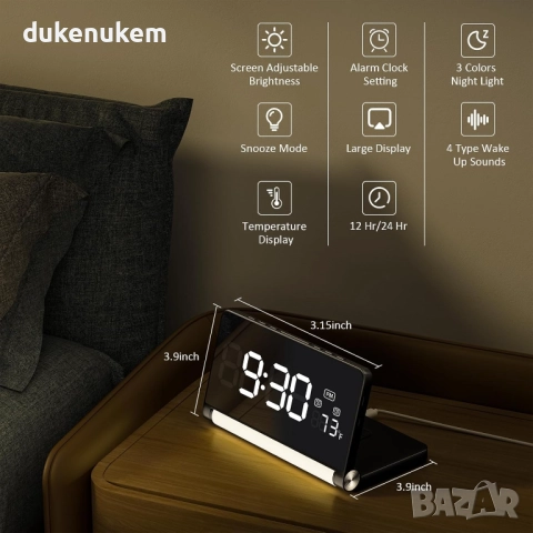 Дигитален будилник – голям дисплей, 3-цветна нощна лампа, 2 аларми, температура, снимка 2 - Други - 52491012