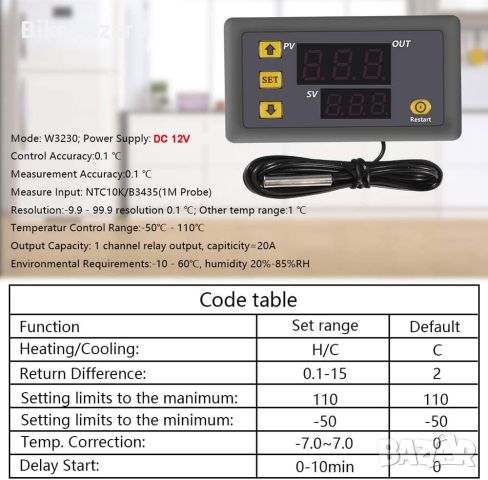 Greluma 1 бр. W3230 DC 12V Цифров регулатор на температурата, 20A  НОВ, снимка 4 - Друга електроника - 46653233