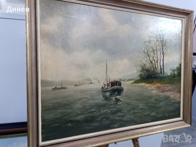 Атмосферна маслена картина "Пейзаж с лодка" (Regehbar '86) - 68x88 см, снимка 8 - Картини - 51967072