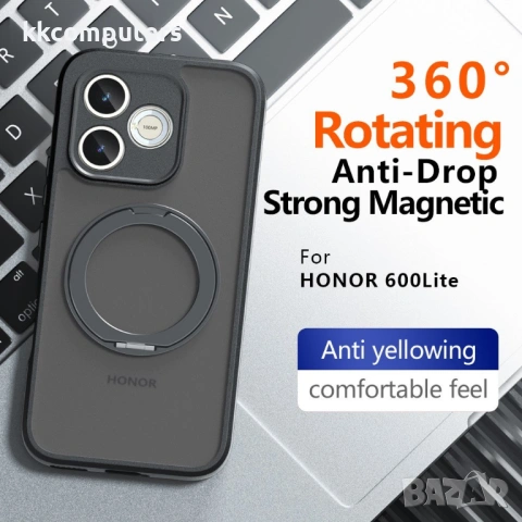 Магнитен Матов Калъф за Honor 600 Lite 5G с 360° Стойка - TPU+PC, 12 Airbag, N52 магнит, Прозрачно-ч, снимка 5 - Калъфи, кейсове - 54250012