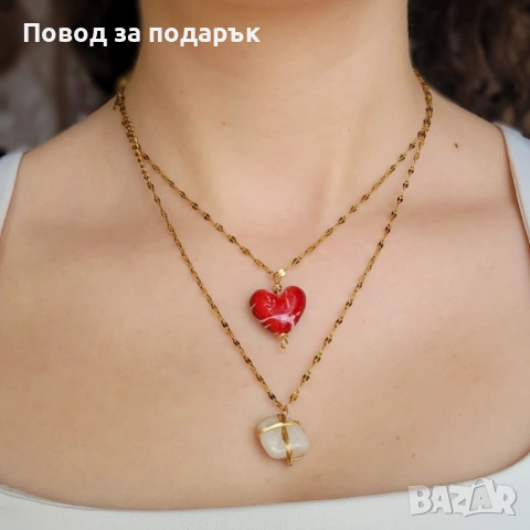 Дамско колие със сърце и естествен кварц 