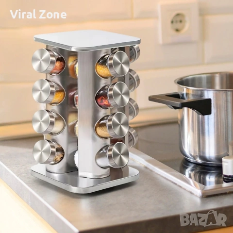 Въртящ се органайзер за подправки Cheffinger - С 16 бурканчета от неръждаема стомана, снимка 2 - Аксесоари за кухня - 53146864