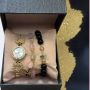 Подаръчен дамски комплект от часовник с камъни цирконии и два броя гривни от естествени камъни в роз, снимка 2
