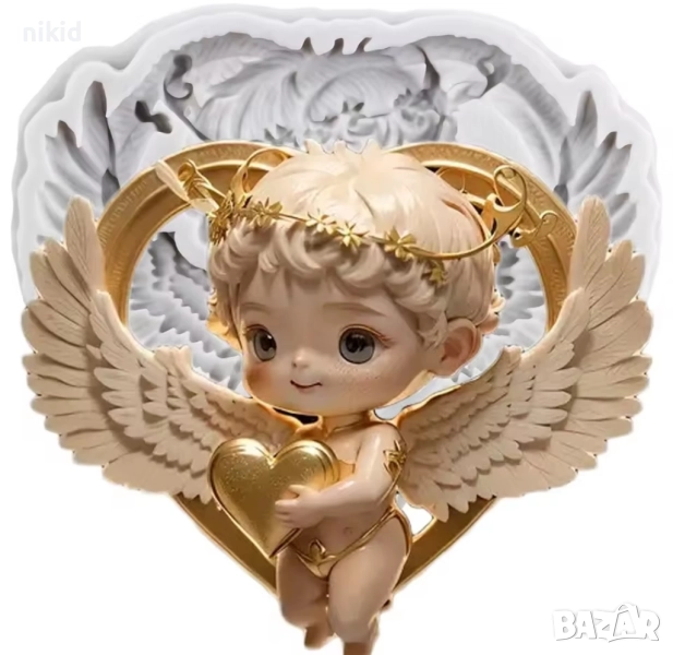Момче дете ангел ангелче с разперени крила и сърце силиконов молд форма фондан шоколад гипс, снимка 1
