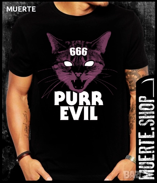 Черна тениска с щампа PURR EVIL CAT 2, снимка 1