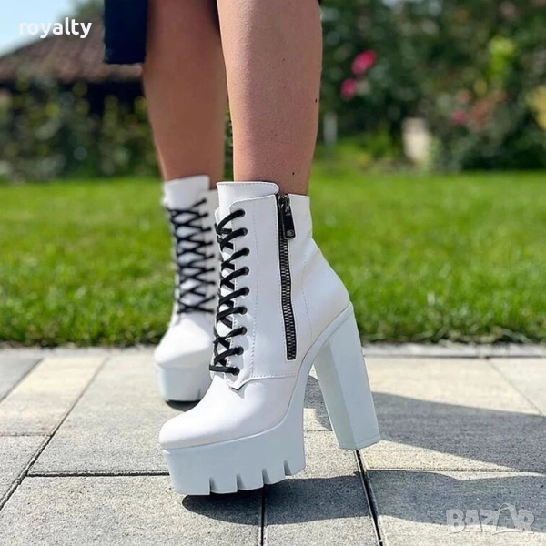 Боти на ток - бяла кожа с бяло ходило (черни връзки), снимка 1